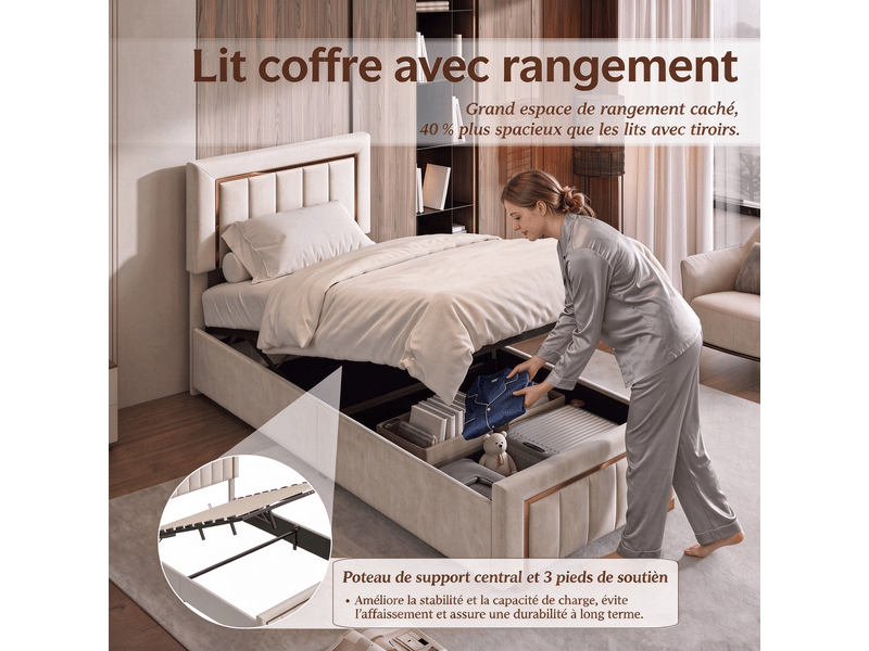 Lit simple coffre 90x200 cm, lit simple rembourré avec rangement, lit coffre hydraulique - sommier à lattes - sans matelas - capacité de charge 250 kg - velours beige - Conforama D