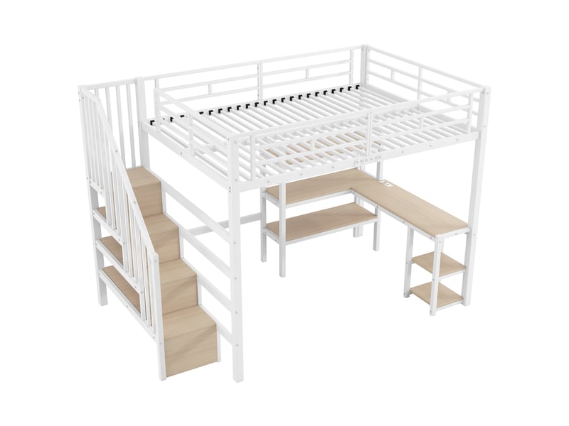 Lit mezzanine,140x200 cm,avec bureau, rangements et led,métal et mdf,blanc - Conforama D