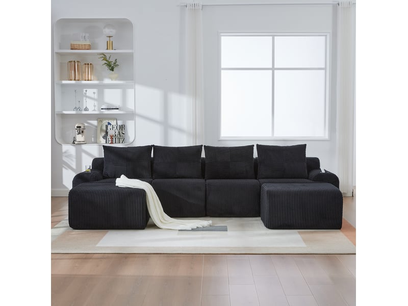 Canapé modulaire 4 places noir en velours côtelé avec 2 poufs, porte-gobelet et poche, pour soirées conviviales - Conforama B