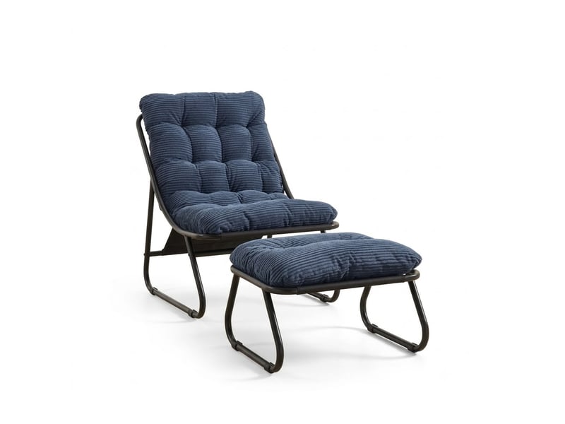  Fauteuil de jardin avec repose-pied - 65x78x86cm - chaise lounge relax avec coussin moelleux - acier &amp; velours côtelé-bleu marine  - Conforama A