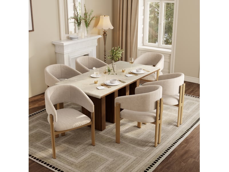  Lot de 6 chaises de salle à manger 61,5x52,5x83 cm, accoudoirs, métal aspect bois et lin, beige et bois clair  - Conforama B