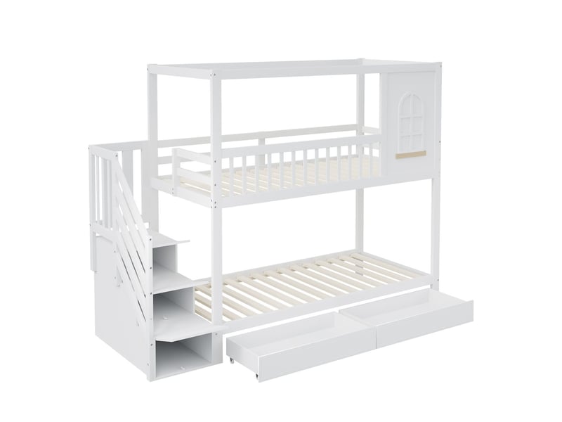  Lit superposé 90x200cm forme maison fenêtre - lit double - escalier rangement, 2 tiroirs, barrières bois massif blanc  - Conforama E