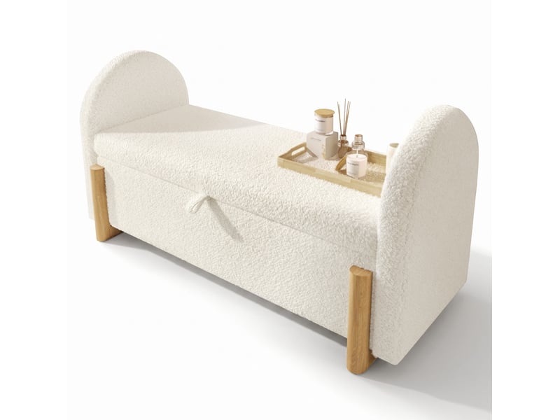  Banc de lit avec rangement hydraulique 106 x 47 x 61 cm blanc, tissu bouclette chenille, fermeture douce  - Conforama A