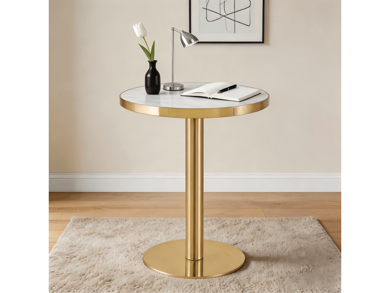  Table d'appoint ronde en mdf finition marbre avec structure en acier inoxydable blanc et or  - Conforama D