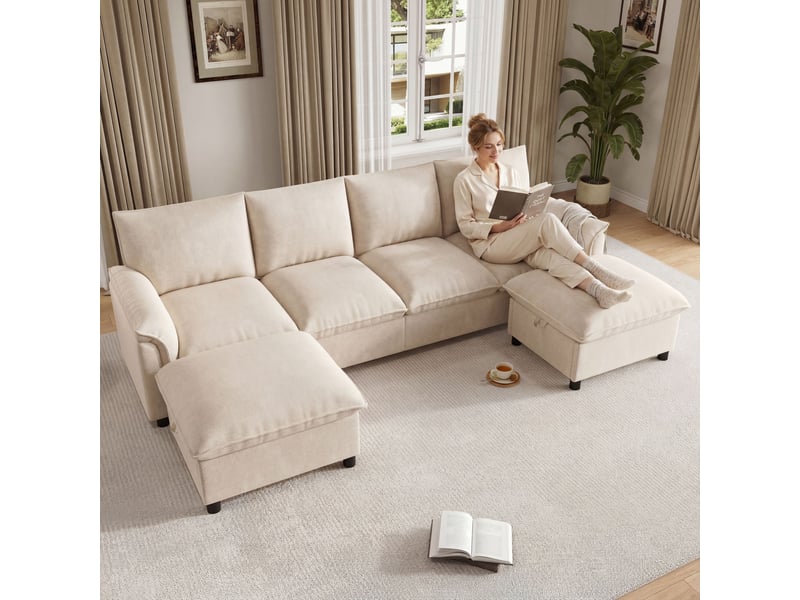  Canapé nuage modulable en u – tissu chenille – assise profonde – 2 poufs – 264 x 142 cm – beige  - Conforama E