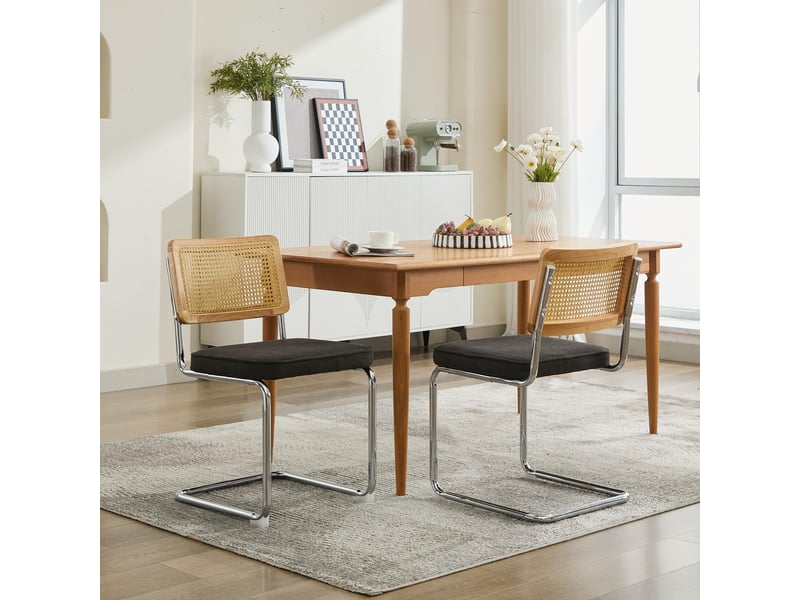  Lot de 2 chaises de salle à manger - 59x47x81cm - chaises porte-à-faux design breuer en rotin et assise velours - noir  - Conforama C