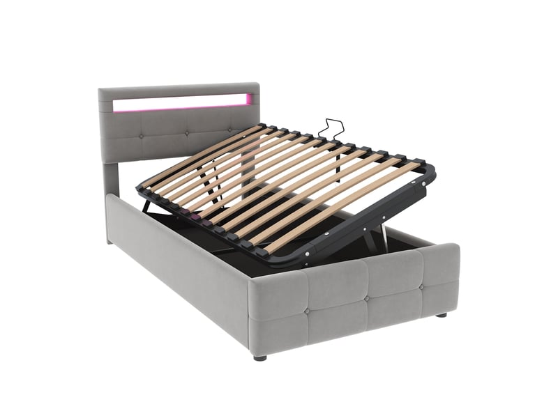  Lit enfant coffre rembourré 90 x 200 cm avec led, rangement hydraulique et tête de lit réglable, velours gris Fay Lum - Conforama A