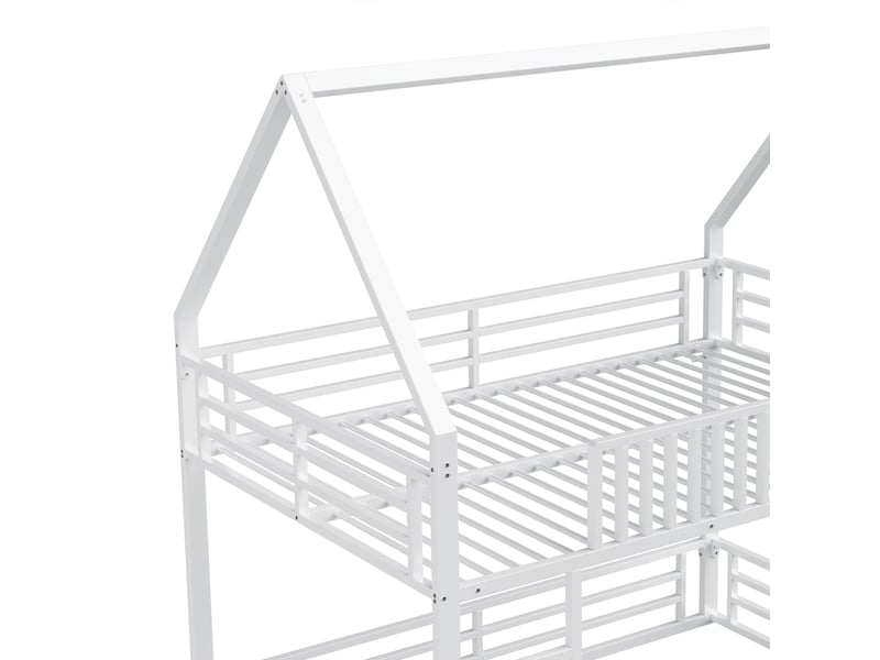 Lit cabane surélevé blanc 140×200 cm en métal, barrières de protection, toit en forme de maison et led à 7 couleurs - Conforama D