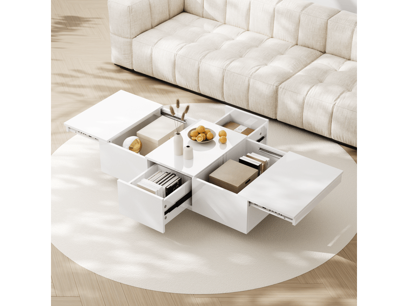  Table basse haute brillance avec rangement push-pull et tiroirs double-face, design moderne  - Conforama D