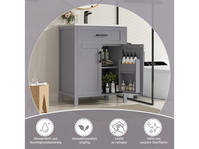 Meuble vasque sur pied gris, 60 x 46 x 84,8 cm, en mdf et céramique, avec étagères réglables et vasque intégrée - Conforama C