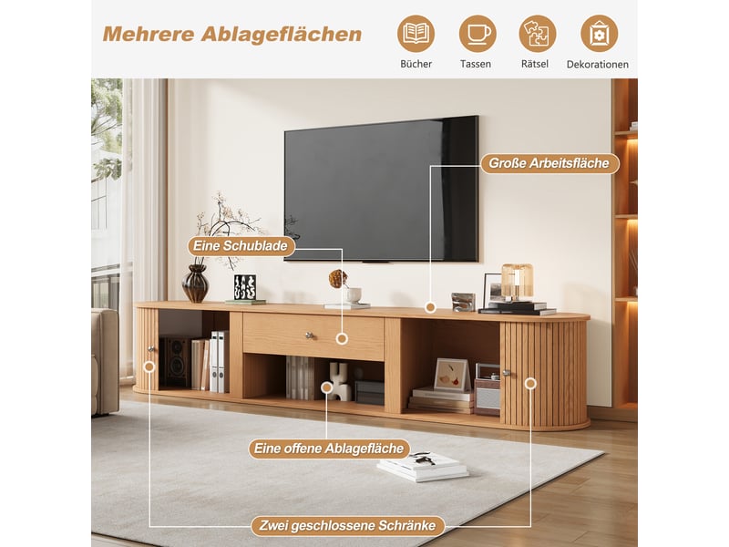  Meuble tv naturel 180×40×40 cm en panneau de particules, pour tv jusqu’à 75 pouces, 1 tiroir, portes à rideau  - Conforama C
