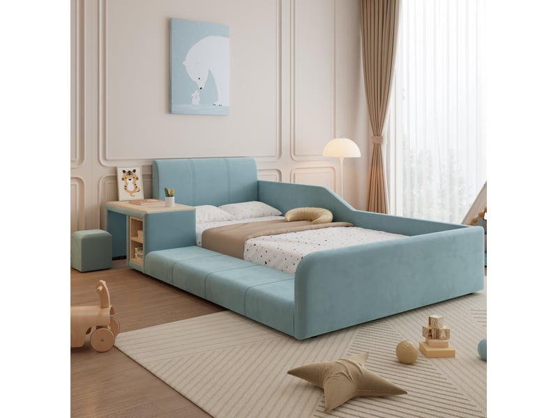  Lit enfant 90x200 cm avec bureau et tabouret en velours bleu  - Conforama B