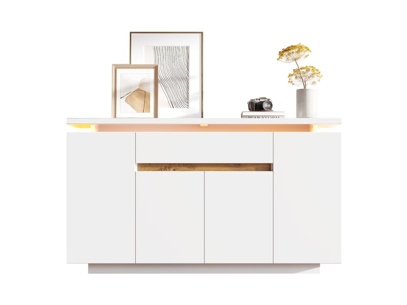  Buffet led 4 portes 1 tiroir en panneau de particules blanc 140 x 40 x 80 cm  - Conforama A