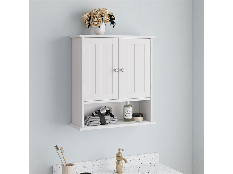  Meuble mural salle de bain blanc, placard double porte, étagères réglables, rangement  - Conforama B