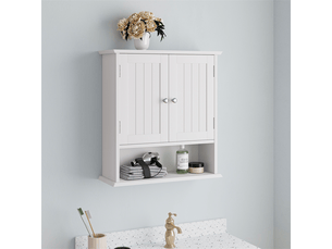 Meuble mural salle de bain blanc, placard double porte, étagères réglables, rangement