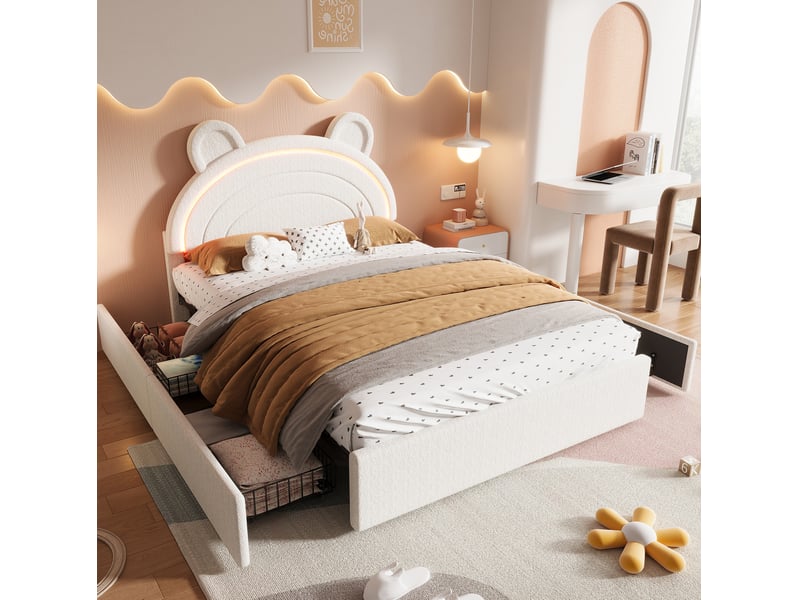  Lit enfant capitonné en velours beige 140 x 200 cm avec tête de lit ours, 4 tiroirs et éclairage led  - Conforama C