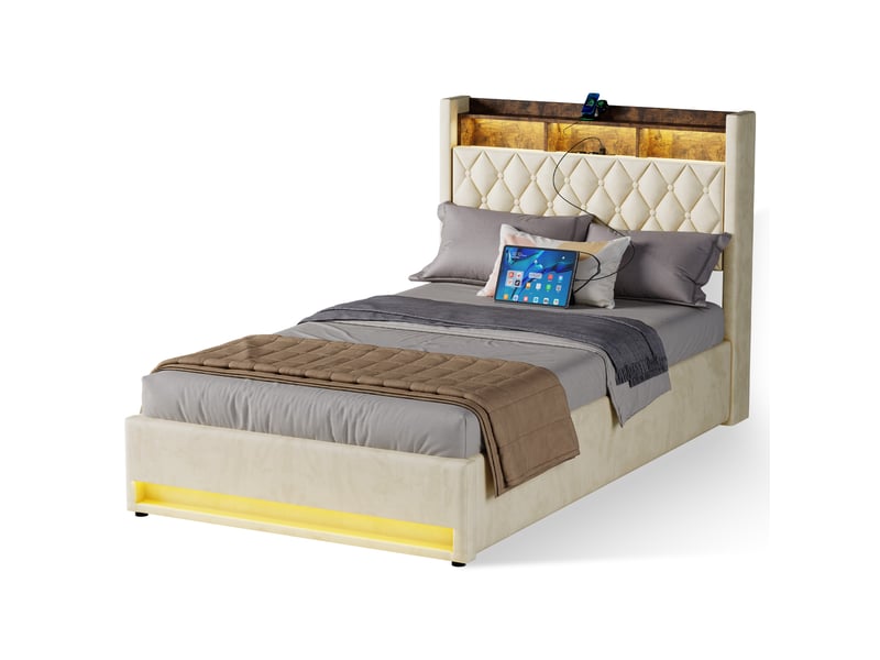  Lit coffre 140x190 cm beige en velours avec coffre de rangement, led et port usb intégré  - Conforama A