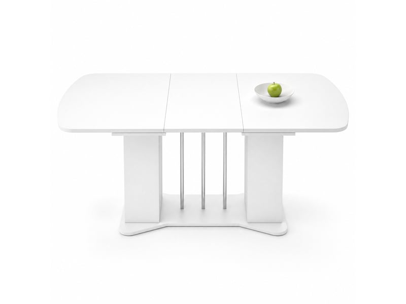  Table de salle à manger extensible pour 4 à 6 personnes avec rangements intégrés en mdf blanc, pieds argentés  - Conforama A