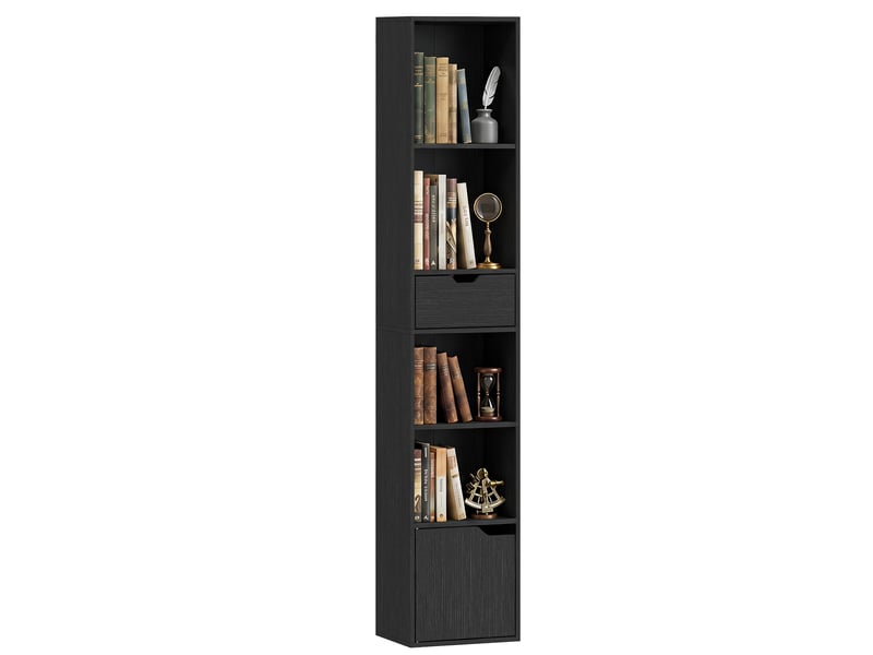  Bibliothèque à 6 étagères avec tiroir et étagère réglable, meuble de rangement autoportant, 30 x 24 x 158 cm, noir  - Conforama A