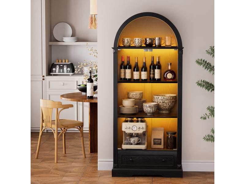  Vitrine noire 180 cm avec portes vitrées, éclairage led, tiroirs, style campagne moderne pour salon  - Conforama B