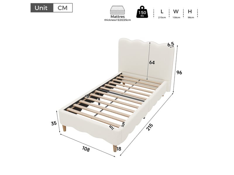  Lit enfant rembourré 90 × 200 cm 1 place avec sommier, sans matelas, en bouclette blanche, pieds en bois massif  - Conforama D