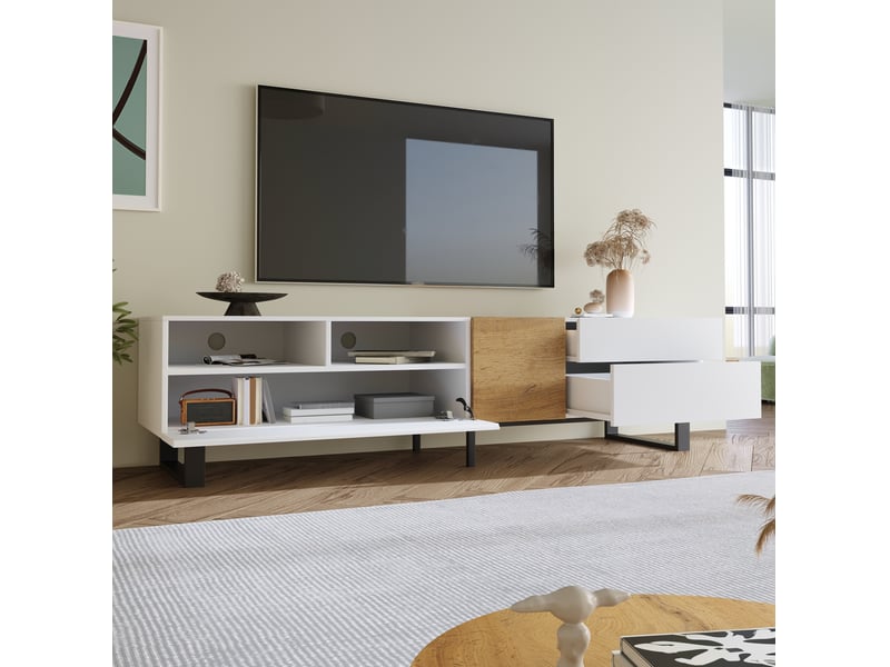  Meuble tv 180 x 38 x 50 cm, 2 tiroirs et 2 portes, blanc et décor bois  - Conforama E