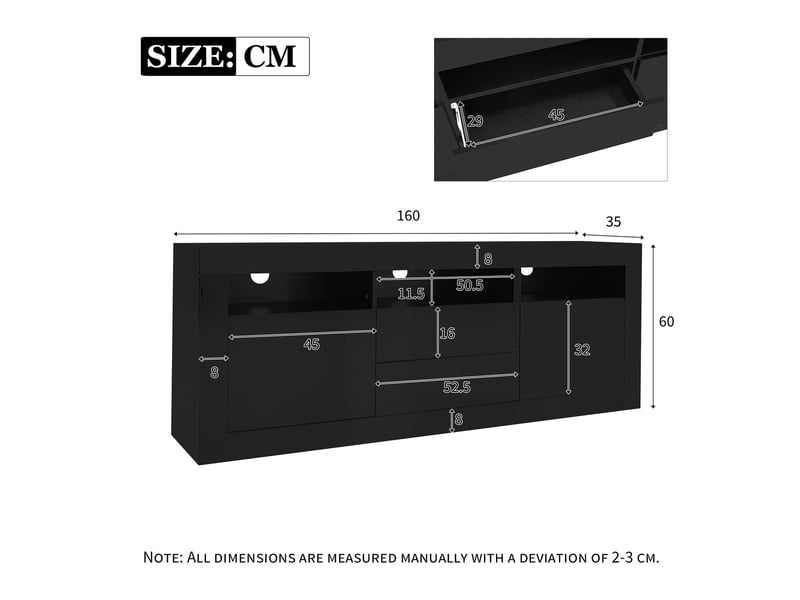  Meuble tv, meuble tv moderne avec led et application mobile, rangements intégrés, 160x35x60 cm, noir  - Conforama E