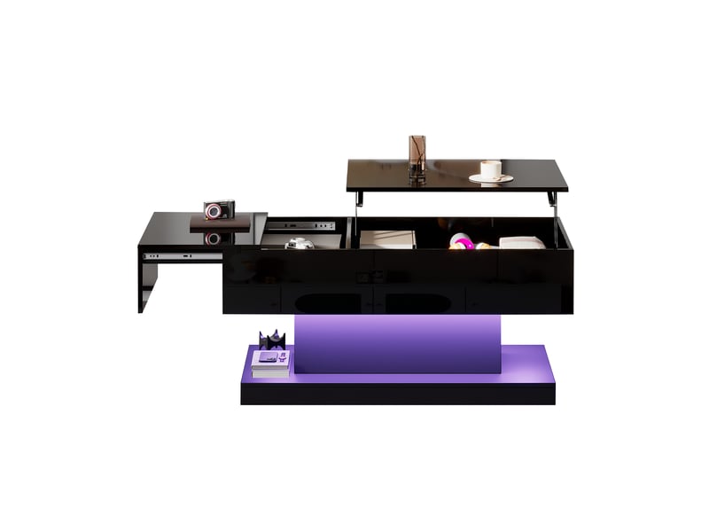  Table basse relevable noire 100x50x45 cm avec éclairage led, plateau coulissant et rangement intégré  - Conforama A