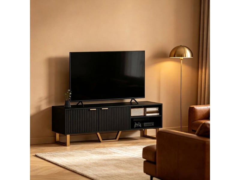  Meuble tv noir 140 cm avec 2 portes nervurées et rangement multimédia, pour tv jusqu'à 70 pouces  - Conforama B