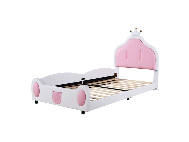  Lit enfant rembourré 90x200 cm avec tête de lit, lit simple avec sommier à lattes, lit 1 personne, blanc  - Conforama B