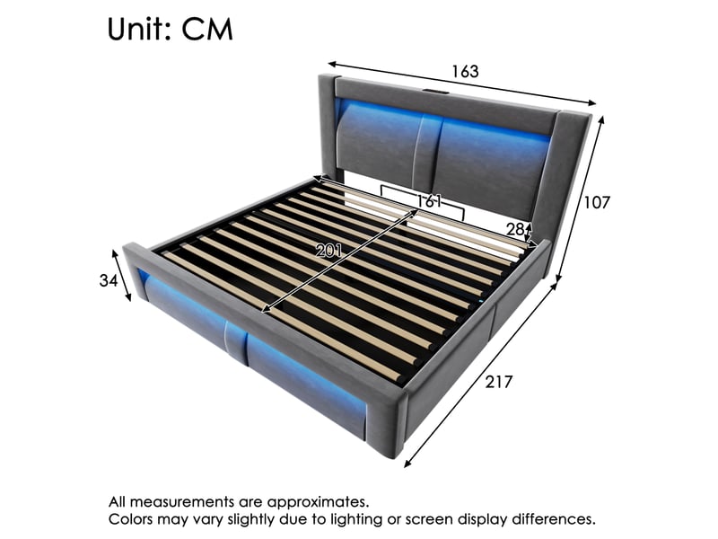  Lit coffre adulte 160x200 cm – gris – rangement hydraulique, led, usbusb-c et matelas inclus  - Conforama C