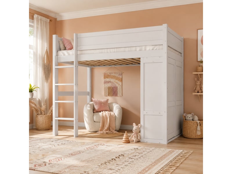 Lit mezzanine enfant 90 x 200 cm blanc avec armoire et rangement - Conforama D