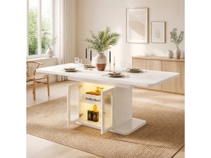 Table de salle à manger extensible 6 à 8 personnes avec rangements et éclairage led, style scandinave blanc effet marbre