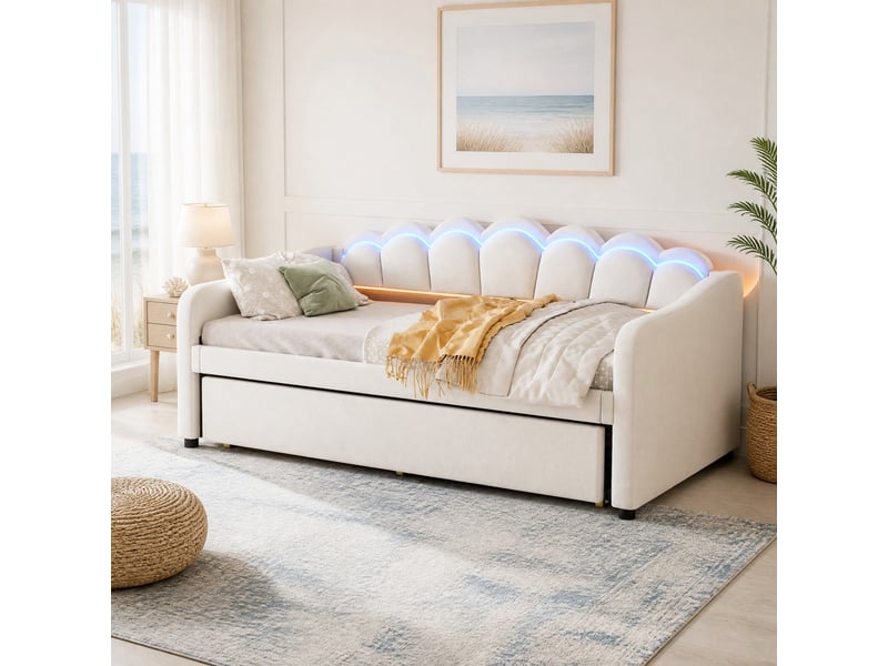  Lit gigogne 90x200 cm avec éclairage led, beige  - Conforama D