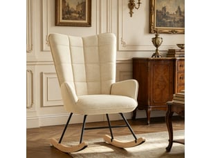 Fauteuil à bascule en velours beige, structure métal et piètement bois massif
