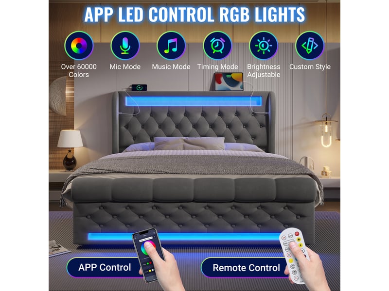  Lit double capitonné led avec coffre hydraulique velours gris 160x200 cm usb-c + matelas  - Conforama D