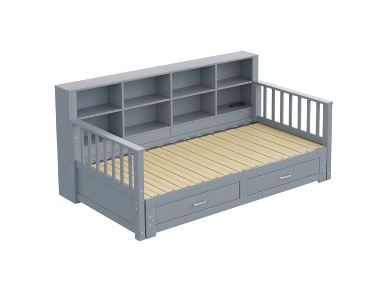 Lit extensible 90180x190cm, lit banquette avec 2 tiroirs, espace de rangement, charge, canapé lit, pin+mdf, gris, sans matelas - Conforama E