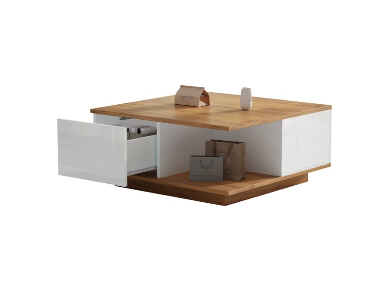  Table basse carrée 70x70 cm, table de salon avec 3 tiroirs et rangement semi-ouvert, design moderne en bois et blanc.  - Conforama W