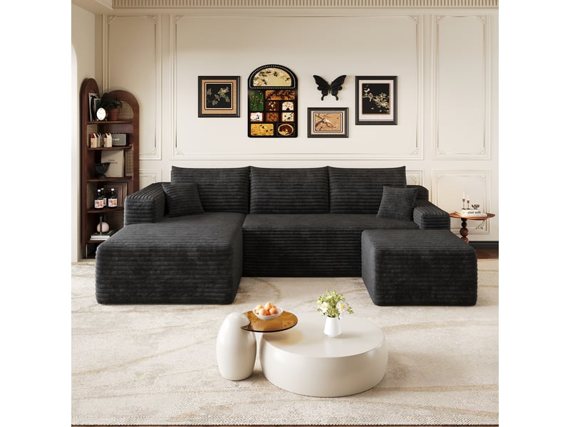  Canapé d’angle noir 4 places, canapé en l de 241 cm en tissu côtelé, assise profonde et confort moelleux pour le salon  - Conforama W