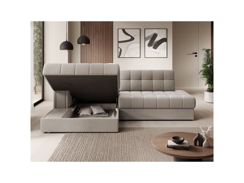  Canapé d'angle convertible cubito beige 240 cm avec coffre de rangement et couchage  - Conforama D