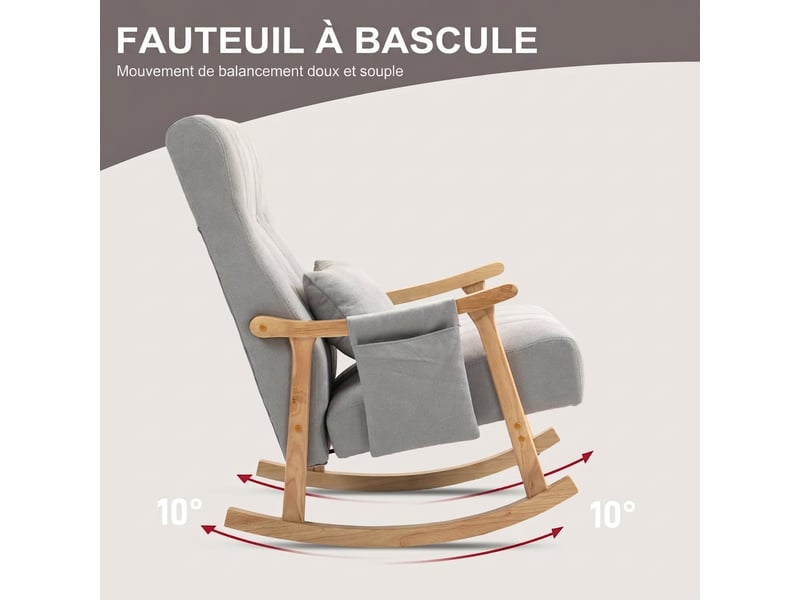  Fauteuil à bascule gris rembourré avec coussin lombaire et poches latérales, cadre en bois, 90x65x98 cm  - Conforama R
