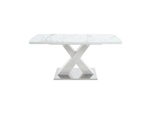Table à manger extensible 120-160 x 80 cm, plateau mdf effet marbre blanc, piètement en x avec base métal, table rectangulaire moderne