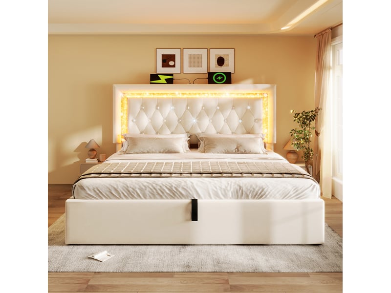  Modenvie lit coffre 140x200 cm - led intégrée, ports usb et usb-c, matelas inclus - beige  - Conforama D