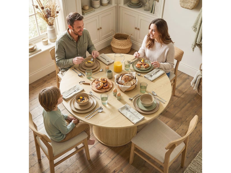  Table à manger ronde pour 5 personnes, ø 120 x 75 cm, table de cuisine avec base cylindrique cannelée, bois naturel  - Conforama C