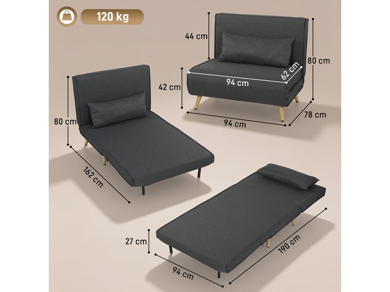  Canapé-lit 1 place avec dossier réglable, coussin inclus et pieds charge pliables 120 kg gris  - Conforama C