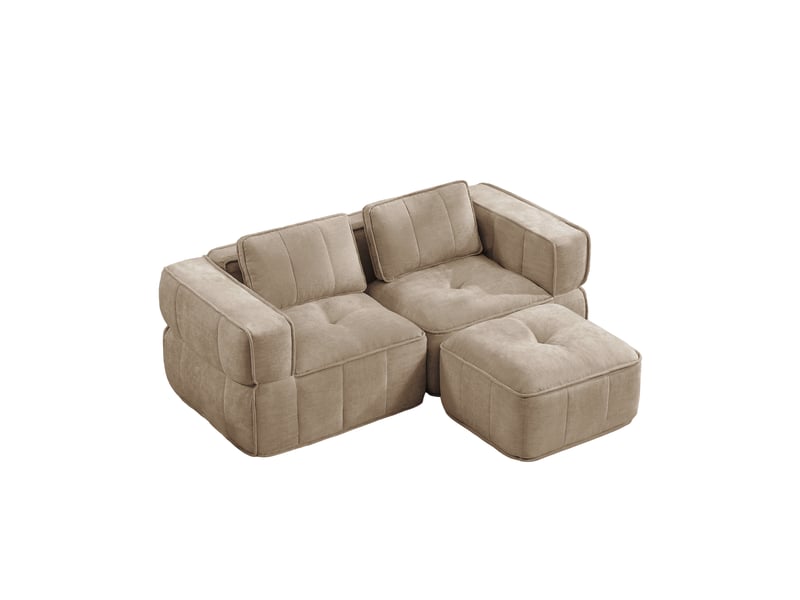 Canapé d'angle modulable 2 places avec pouf, assise profonde et base antidérapante en polyester sable - Conforama A