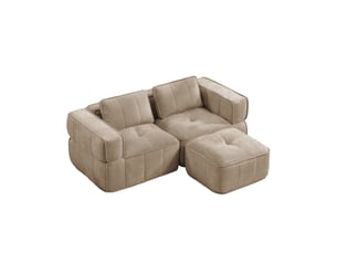 Canapé d'angle modulable 2 places avec pouf, assise profonde et base antidérapante en polyester sable