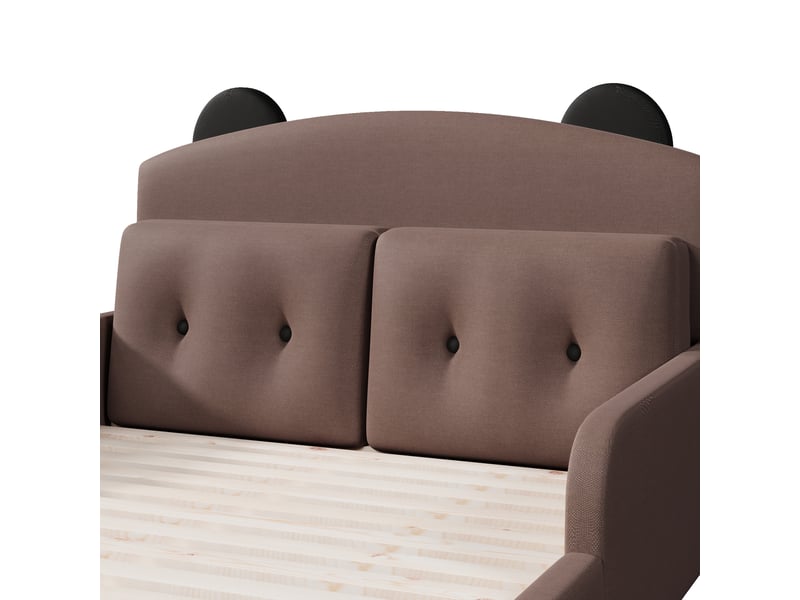  Lit rembourré 140x200 cm en lin, 2 coussins décoratifs inclus, tête de lit en forme d’ours pour enfant et adolescent  - Conforama D