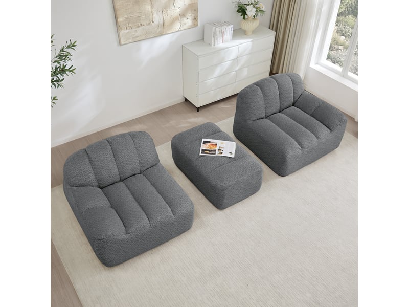  Canapé d'angle modulaire 2 places avec ottoman en tissu bouclette gris  - Conforama B