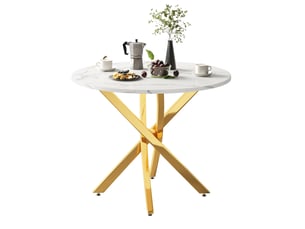 Table de salle à manger ronde 80 cm – plateau effet marbre mdf et pieds métal dorés – blanc et doré
